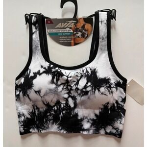 Avia Womens Double Scoop Sports Bra Black White Tie Dye Ribbed Low Support S